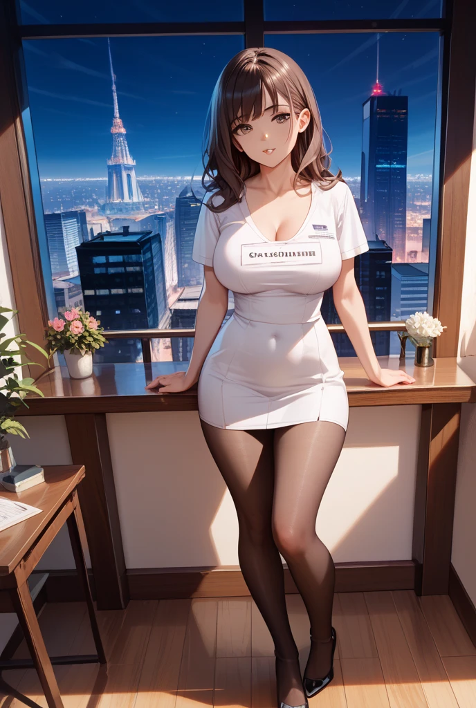 ((Best quality, 8k, Masterpiece :1.3)), Sharp focus :1.2, perfect figure beautiful woman:1.4, Slim abs:1.2, ((Layered Hair Style, huge tit:1.2)), (Tank top shirt:1.1 ), (the street:1.2), Highly detailed facial and skin texture, A detailed eye, 二重まぶた， seductiv，short  skirt，Stewardess，Brown hair long，On the office chair，Skirt that wraps hips，Big leakage point， High-definition facial features，8K --auto