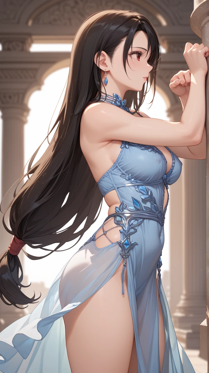 anime girl in a blue dress sitting on a red rug, beautiful anime girl squatting, seductive anime girl, by Yang J, beautiful alluring anime woman, keqing from genshin impact, extremely detailed artgerm, long elegant tail behind, the anime girl is crouching, guweiz, japanese goddess, trending on cgstation