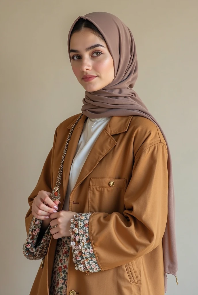 (photorealism:1.2), women,modest hijab,wearing short kurti,with baggy jeans,and white sneaker