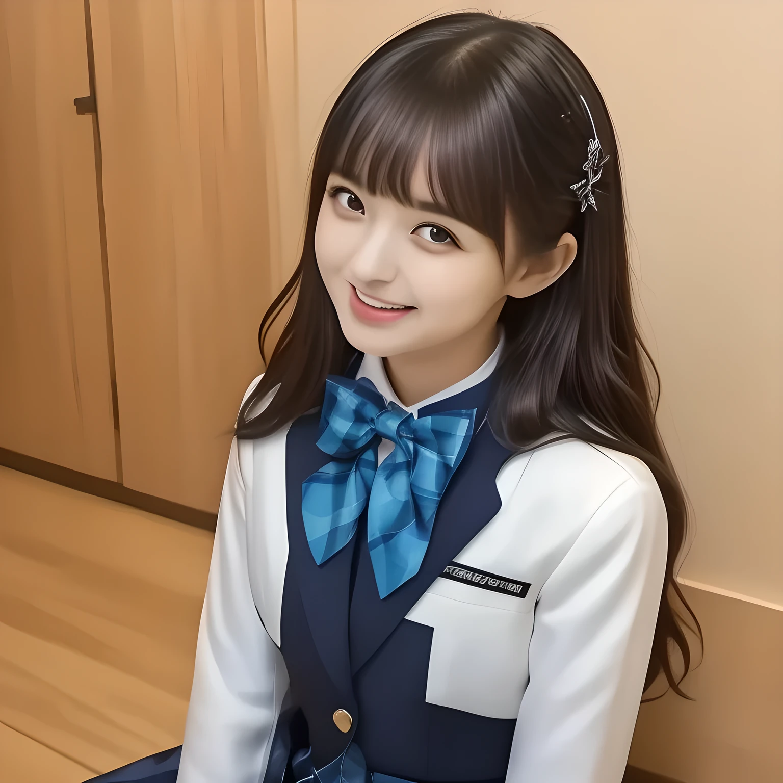 (highest quality, masterpiece, clearly detailed:1.5), highest quality, High resolution, 1080p, 8K, (Too beautiful ((purest)) ((sweetest and cutest)) ((beautiful Sylphlike and Wispy)), ((Too much beloved)) noble weak beautiful girl with detailed, Japanese with girly eyes, 155cm height, ((Limber body)), Defenseless charm make everyone protect her, evil minded like ethereal succubus, sharp body-line, with detailed: 1.7), (laughing white slender face with unreal beauty, overflowing with translucence: 1.8), ((Neatest (navy colored) blazer school uniform, shiny-blue bow-tie, school navy pleats plaid skirt with detailed), brown loafers: 1.8), (Too beautiful ((cute large ((brown prominent eyes)) like a ((young idol)) eyes)), ((prominent droopy eyelid)), gazing up, like crying, and neatness charm the viewer), ((high-class and neatness of intelligent school uniform middle-length skirt is very impressing), focus on her beautiful face with detailed: 1.8), (black super-long wavy hair, bangs trimmed carefully, neat tight long hair: 2.0), (Sitting properly with knees closed on the floor: 1.5), (promotion of most high-class sexual hotel, most intelligent girl contest winner: 2.0), ((take a shot from side floor))