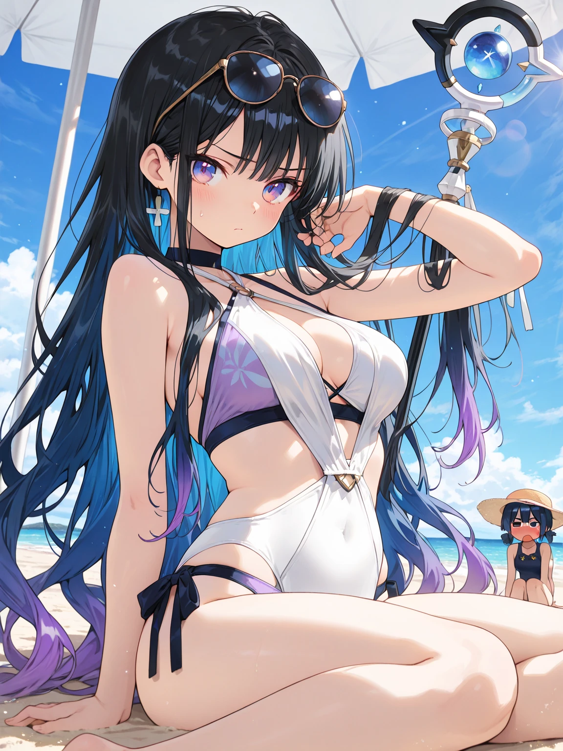 ibukimioda, ibuki mioda, black hair, blue hair, hair horns, ear piercing, lip piercing, long hair, multicolored hair, (pink eye, blue eye), pink hair, white hair, beach, ocean, waves, palm tree, bikini, in water, water up to knees