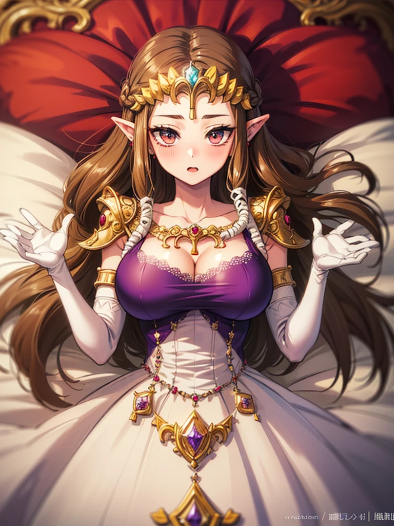 ((Expressionless)),((((1 boy, POV hands, Grab your chest)))),((Upper Body)),((alone)),((Lying in bed)),Anime art style,masterpiece,(Highest quality), (Super detailed),(Very delicate and beautiful),(alone),(detailedな顔と目),Beautiful eyes like jewels,(A truly gorgeous jeweled ruffled rococo ball gown dress),(((Mature Woman,Queen))),((1 Queen in a beautiful embroidery and jeweled absolutely gorgeous rococo ballgown dress with voluminous full length hoop skirt)),((crinoline)),Very detailedな絶対にゴージャスなロココボールガウンdressとフリルのボリュームのあるフルレングスのフープスカート,((Straight hair galore,Very long straight hair with plenty of volume,Super long straight hair)),,Cleavage,(bed),length_gloves,Very gorgeous hair accessory,Sparkling、A gorgeous jewel-studded tiara,((Gorgeous Glitter Jewelry)),Full body portrait,((bangs)),((Golden hair ornament)),((((Front Face)))),((((Adult Expressions)))),((((Beautiful Face)))),(((Exposed clothing)))),(()),(((Long Hair)))),((((Straight hair)))),((Cleavage)),((((Dark brown hair)))),Princess Zelda,((chest is slightly exposed)), ((Highest quality)),,(Very detailed) ,((Purple blouse)),((Put your arms behind your back)),Brown Hair,((Embarrassed look)),, ((Highest quality)), (Very detailed),((detailed)),(((pray))),Nintendo, The Legend of Zelda),Blushing,((alone)), ((Highest quality)), (Very detailed), ,