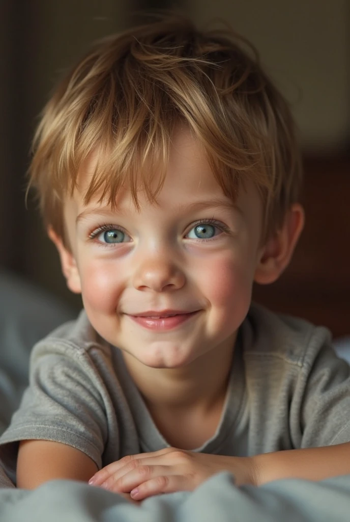 The face of a young blond boy with blue eyes is cheerful and surprised