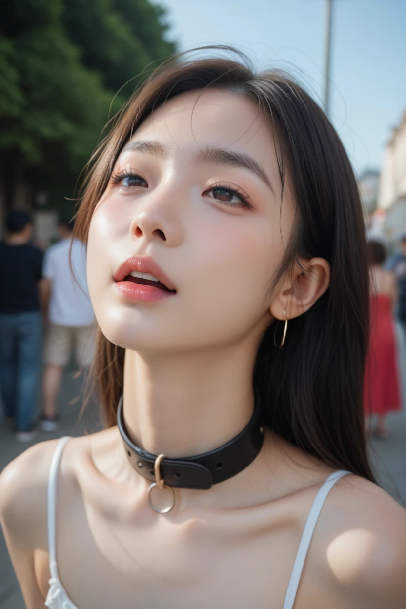 (((​masterpiece))), top-quality, ultra-detailliert, Extremely detailed, Detailed background, light rays, Very beautiful girl, japanese, 16 yo,  Detailed face, Solo, (Full body:1.3), (random hairstyles :1.2), side swept, (Young Face), (Perfect body:1.1), sunset glow, Summer, in 8K, Wallpaper, amazing, finely detail, Ultra-detailed, 超A high resolution, Extremely detailed, Pure erotic face, slight smiling, extremely detailed eye and face, Beautiful detailed eyes, highlydetailed skin, No makeup, (Natural Skin), extremly large tits, bell shape tits, hard nipples, naked, wearing dog collar with chain attached, side photo