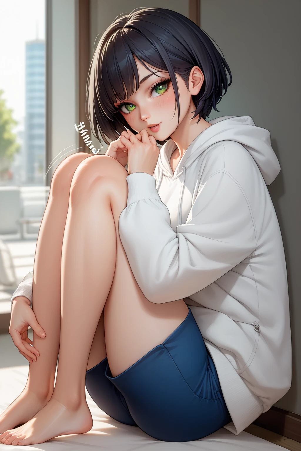 (perfect anatomy:1.2)(absurdres, highres, ultra detailed),masterpiece,best quality,high resolution,8k,Realistic face,Realistic skin texture,magnified textures, stunning clarity,detailed anime girl,(ultra detailed eyes and face),(1 girl:1.5)21years old,she is office worker,black hair, bob cut,no-makeup look,Loose-fitting short pants loungewear,black satin good,(wariza:1.3),Blue eyes,sparkling eyes,small nose,roundface,Women's Apartments in suburb,2:00 P.M.(buzzer),(too hot),(sweat),The expression of suffering from the heat,Foliage plant,Sitting right in front of the fan,Outside the window, the sky is blue and there are cumulonimbus clouds
