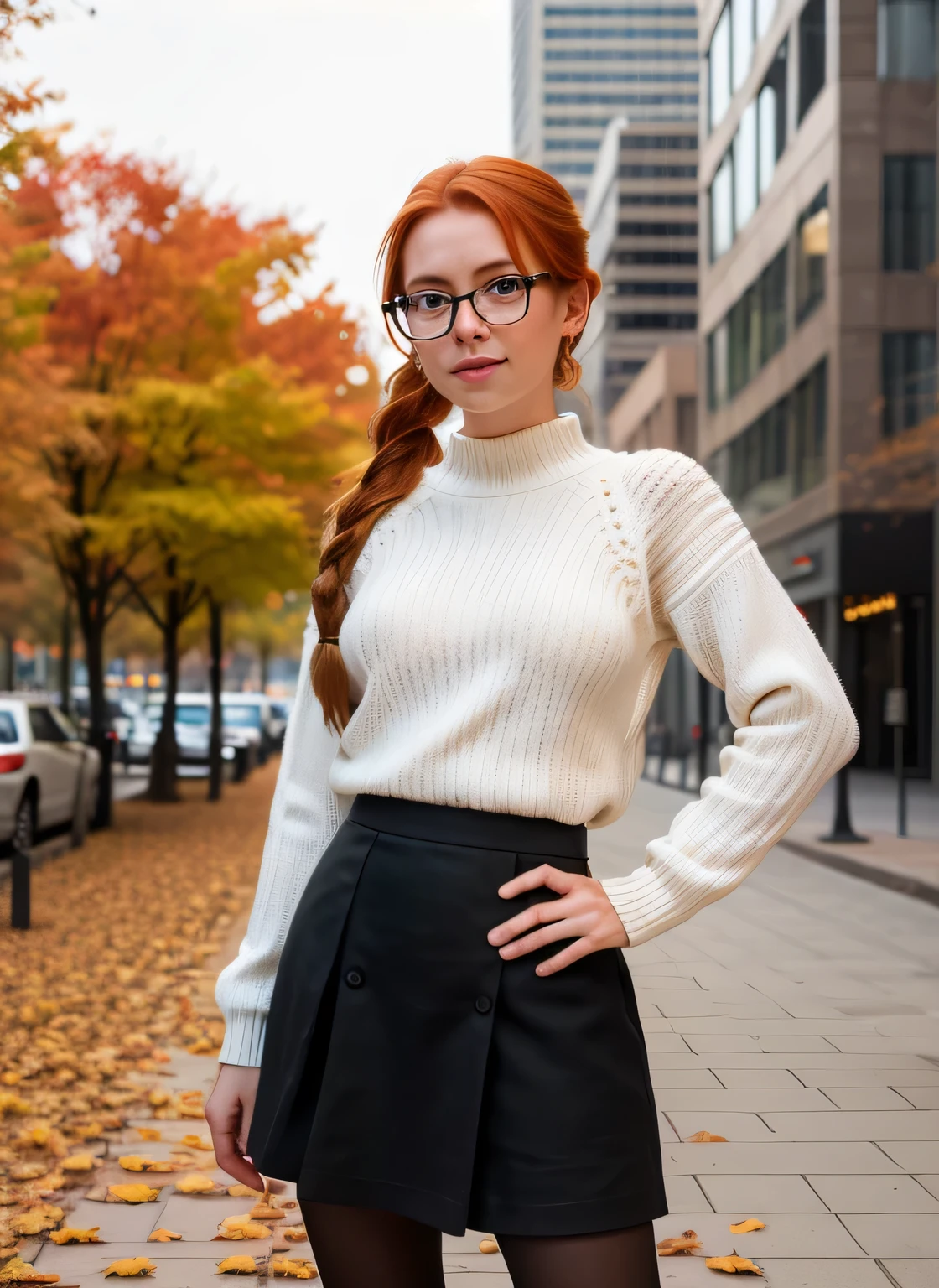 (medium shot:1.4), woman, long hair, (pale skin:1.1), (smirk:0.5), (white knit sweater:1.2), (black canvas skirt:1.3), pantyhose, glasses, eyeglasses, one hand on hip, hand on waist, (autumn, fall colors, leaves falling:1.25), (beautiful, gorgeous:1.2), (redhead, ginger hair:1.3), (braided ponytail:1.3), (looking at viewer:1.4), detailed background, standing on the sidewalk, parked cars, (city skyscrapers:1.2), RAW photo, subject, 8k uhd, dslr, soft lighting, high quality, film grain, Fujifilm XT3, (fcPortrait:1.25)