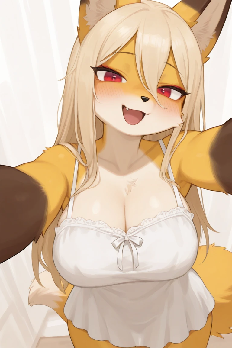best quality,best resolution,(fluffy anthro furry :1.6),light yellow fox girl,small breasts,light yellow hair,long hair,wavy hair,light yellow fur,glasses,heart necklaces,white strapless with flower embroidery,denim shorts,beautiful public park,looking at viewer,full face blush,horny face,smile,heart eyes,heart expression eyes,upper body only,front view,sexy eyes,open belly,front view,upper body only,face to face,close up,solo,zoomin face,heavy breath,very close eyes,two hands selfie