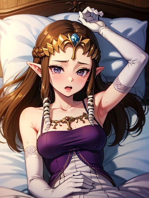 ((((((Arms above head)))))),((Princess Zelda)),((the legend of zelda)),((Front face)),((upper body)),Anime art style,masterpiece,(Dark brown hair), (Very detailed),(Very delicate and beautiful),(alone),((((pov)))),(Detailed face and eyes),Beautiful eyes like jewels,(Purple blouse),())),(( Queen in a beautiful)),((crinoline)),(((Long Straight Hair))),(Very beautiful mature woman),,length_gloves,hair accessory,Sparkling,((Lying in bed))