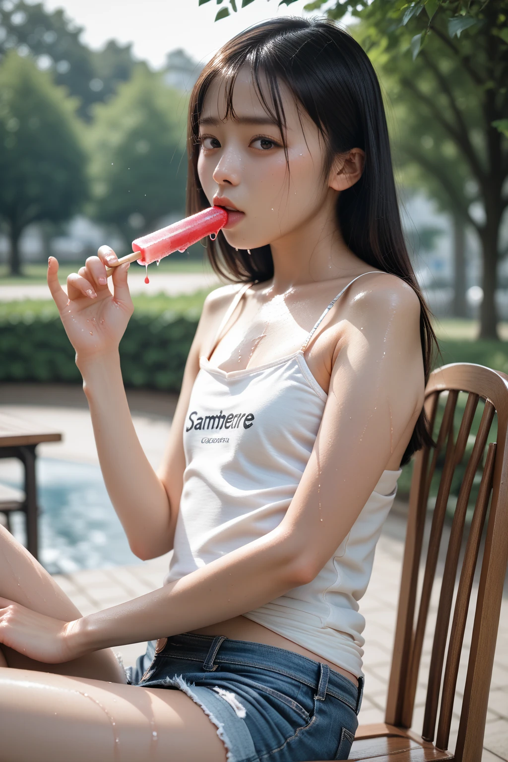 (((best quality))),(((ultra detailed))),(((masterpiece))),illustration,((1 beautiful girl,solo)),(blush:1.3),(sweat:1.5),(wet:1.5),(shiny skin:1.5),((slim,thin)),((small breasts,flat chest)),serene, Japanese countryside, summer, (white tank top:1.3),(navel:1.2),(white shorts:1.3),(slender legs:1.2), resilience, vitality, Japanese-style room, tatami mats, paper sliding doors, natural light, warm ambiance, minimalistic furniture, harmony, nature, human existence, radiant complexion,(shoulder length straight hair:1.2), ethereal, determination, unwavering spirit, adversity, stunning appearance, captivating, interplay of light and shadow, intricate details, heat, strength, tranquility, inner peace, summer beauty, human subject,resilience,(watermelon:1.2),(sitting on the floor:1.3),(arms behind back:1.3),(spread legs apart:1.3),((from front,upper body))