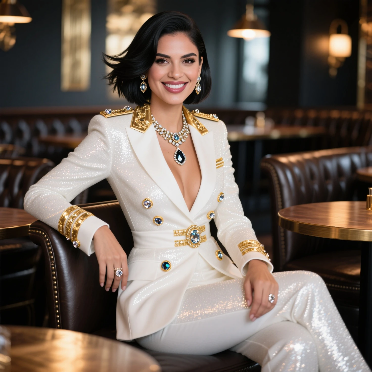 Create a realistic photograph of a smiling and beautiful indian woman in black leather suit carrying a obese man on her shoulder , in a exotic room, man is sitting on top of her shoulder, man on top, woman standing at bottom 