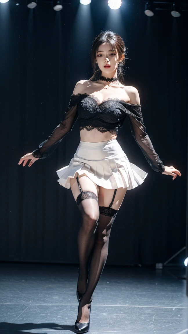 a woman wearing black and white multi-layered ((mdskirt)), transparent skirt, transparent silk lining, stars on the clothes, detailed white lace choker, open neck, black knots, ((black lining)), ((walking on T-stage)), (thigh-high white socks:1.2), black stockings, white lingerie,
white pleats, white hemline, pulling skirt, light smile
beautiful woman, best quality, ultra high res, 8K, masterpiece, sharp focus, clear gaze,
<lora:any_sheg_41440:0.8>, sheg,