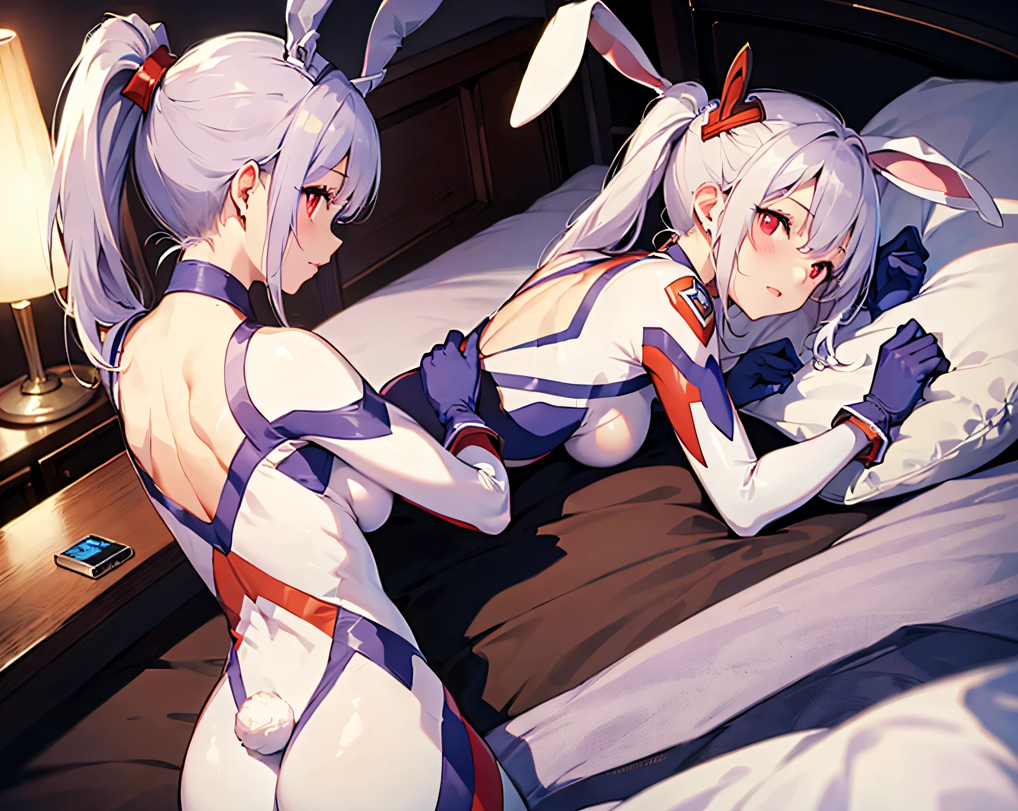 Realistic,highest quality, Ultra Detail, High-quality CG rendering, The most delicate and beautiful, Floating softly, High resolution, (1 girl), (Highest quality,4K,8K,masterpiece:1.2) ,Light purple hair,Rabbit,(Bunny ears:1.5),(ponytail:1.5),Red eyes,(Completely naked:1.5),room,Upper Body,(Collapsed in bed:1.5),Defeated,,(Slightly larger breasts:1.5),Sleep,Are sleeping,Eyes closed,Open your mouth a little,Prone,(Turn your back to your audience:1.3),Ass,(背中にウサギのAss尾:1.5)