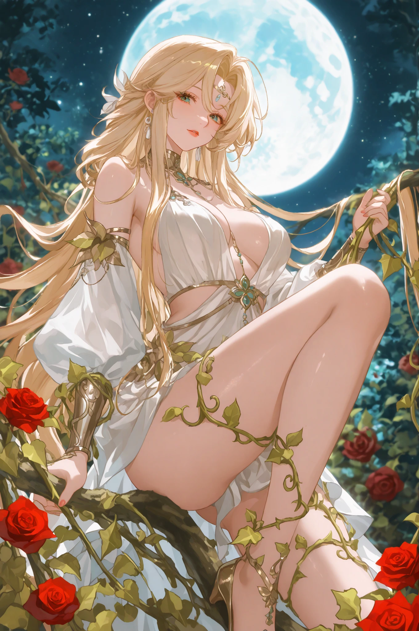 A gorgeous woman, goddess type nude with some ivy and vines for hair, top-quality, seductive, big beautiful eye, Extraordinary beauty、Revealing costume