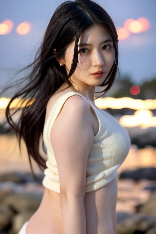 a girl with short ponytail laying on the water covered by a jacket, nude, clear eye, perfect body, (look down at the viewer:0.8), (pureerosface_v1:0.2), detached sleeves, open mouth, bangs, 1girl, shiny skin, (masterpiece;1.0), (photorealistic:1.4), (sharp focus:1.2), <lora:koreanDollLikeness_v10:0.2>