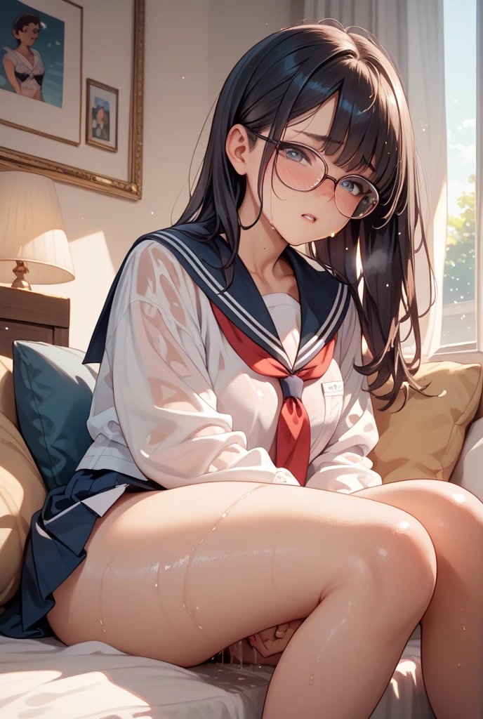 cute little、Amazing beautiful girl, Anime style, 、17 age、on the bed、A dark-haired、Straight hair、Glamour、Colossal tits、de pele branca、wide-open legs、Very embarrassing、red blush。 Best Quality , Textured skin、 high details, High quality,Semi-long hair、No shoes,I can see the belly button、nudde、fullnude,pubick hair、Black short socks、Pubic area、 hair,Open the crotch,、Tsurime,Troubled face、Anime-style eyes,Anime-style nose,Anime-style mouth、In the case of、lie on one's side、Turn your pubic area towards me、Tears,eye glasses、Sailor Suit Jacket,There are highlights in the eyes、long lashes、Pubic area is open