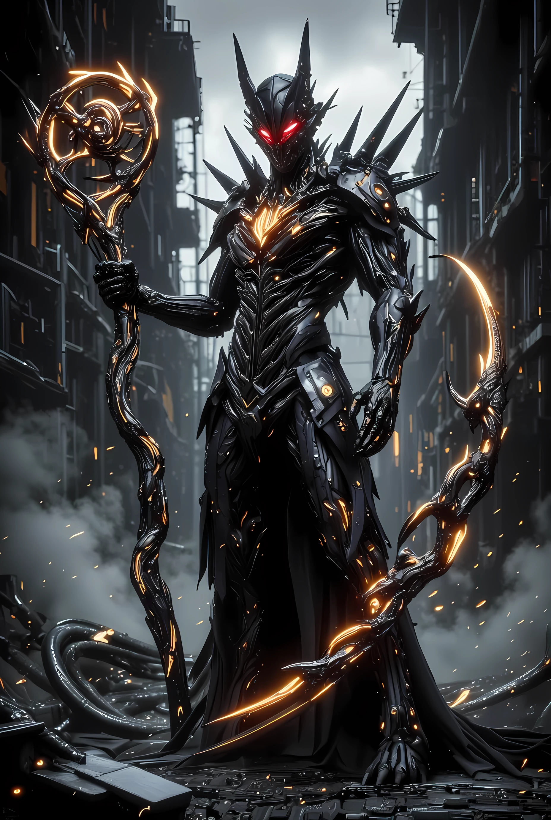 A towering, ominous figure clad in intricately detailed, dark armor that appears to be woven with molten gold and fiery orange veins, standing amidst a misty, dystopian landscape. The character's skull-like face, partially obscured by a menacing helmet adorned with sharp spikes, glows with an eerie red light emanating from its eyes. Clutching a staff that resembles a twisted branch, also illuminating with fiery accents, the scene is engulfed in a dark and foreboding atmosphere, accentuated by jagged silhouettes of decaying buildings in the background. The color palette features deep blacks contrasted with vibrant gold and orange highlights, exuding a hyperrealistic, high fantasy aesthetic. Shadowy mist swirls around the figure’s feet, adding a sense of movement and depth, while faint sparks of light flicker throughout the environment, creating a mystical and powerful aura.
