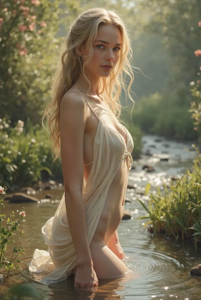 A woman, sexy, 18 years old, on her back, focus on her back, in the forest, in a clearing, under the rain, a strong torrent, sweat and wet body, indifferent look, nostalgic expression, angry, extremely long hair combed in a ponytail, voluminous topknot, hourglass body, medium hips, medium waist, medium breasts, wattle eyes, blonde hair, blue eyes, white skin, scantily clad, water running down her body, full body, masterpiece, absurdres, nikon d850 film stock photograph, kodak portra 400 camera f1.6 lens, extremely detailed, amazing, fine detail, rich colors, hyper realistic lifelike texture, dramatic lighting, cinestill 800 tungsten, photo realistic, raw photo, high quality, highres, sharp focus, extremely detailed, cinematic lighting, 8k uhd,