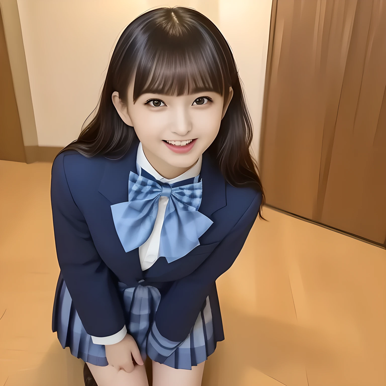 (highest quality, masterpiece, clearly detailed:1.5), highest quality, High resolution, 1080p, 8K, (Too beautiful ((purest)) ((sweetest and cutest)) ((beautiful Sylphlike and Wispy)), ((Too much beloved)) noble weak beautiful girl with detailed, Japanese with girly eyes, 155cm height, ((Limber body)), Defenseless charm make everyone want to stand by her, evil minded like ethereal succubus, sharp body-line, beautiful hands and fingers treat her own hair, with detailed: 1.7), (laughing white slender face with unreal beauty, overflowing with translucence: 1.8), ((Neatest (navy colored) blazer school uniform, shiny-blue bow-tie, school navy pleats plaid skirt with detailed), brown loafers: 1.8), (Too beautiful ((cute large ((brown prominent eyes)) like a ((young idol)) eyes)), ((prominent droopy eyelid)), gazing up, like crying, and neatness charm the viewer), ((high-class and neatness of intelligent school uniform middle-length skirt is very impressing), focus on her beautiful face with detailed: 1.8), (black super-long wavy hair, bangs trimmed carefully, neat tight long hair: 2.0), (Sitting properly with knees closed on the floor: 1.5), (promotion of most high-class sexual hotel, most intelligent girl contest winner: 2.0), ((take a shot from side floor))