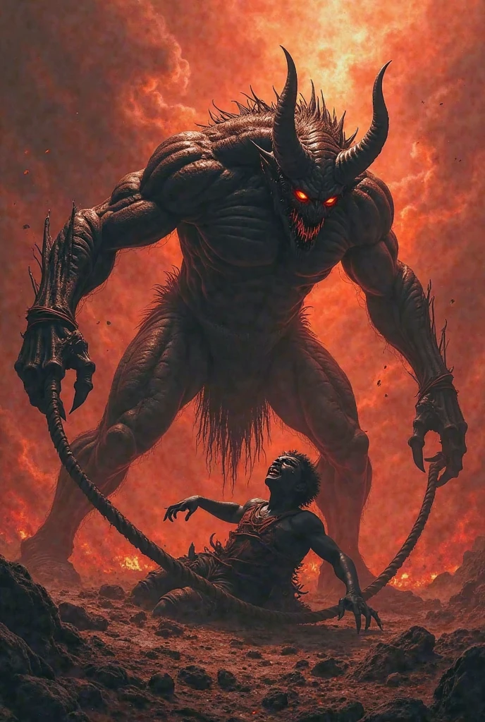Man lost in the abbys of hell, creatures around him, high quality picture, run down world
