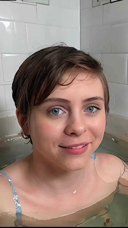 ((s0ph)), 2 people in an empty bathtub, bathtub without water, chico y chica, Sophia Lillis desnuda de rodillas,cuerpo entero, vista de lado, sonrisa, autofoto, submerged in the bathtub, mojada, gotas de agua recorriendo la cara,pelo corto, pelo mojado, pecas ,pecho pecoso,pecho diminuto,tetas pecosas ,costillas visibles,delgada, flaca, vagina peluda , un hombre feo desnudo mojado