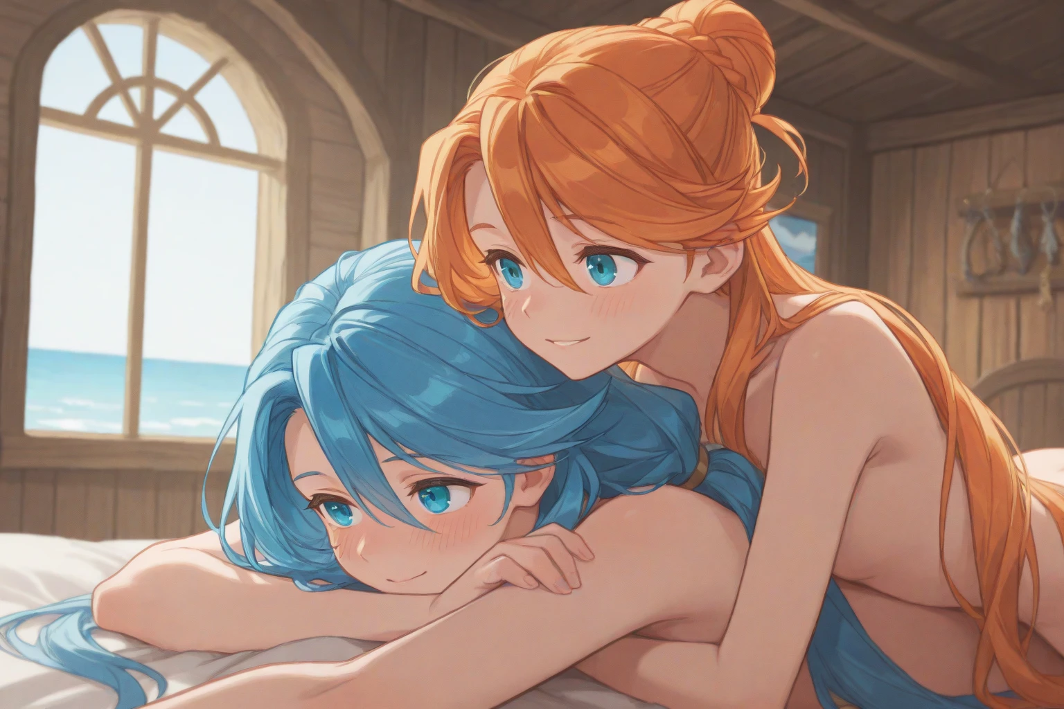 Nami totally naked、Thighs and large breasts、Chest overflows from above、She is smiling kindly while blushing a little on her cheeks.、Has a high-quality anime style (Namiseyes ROM One Piece)