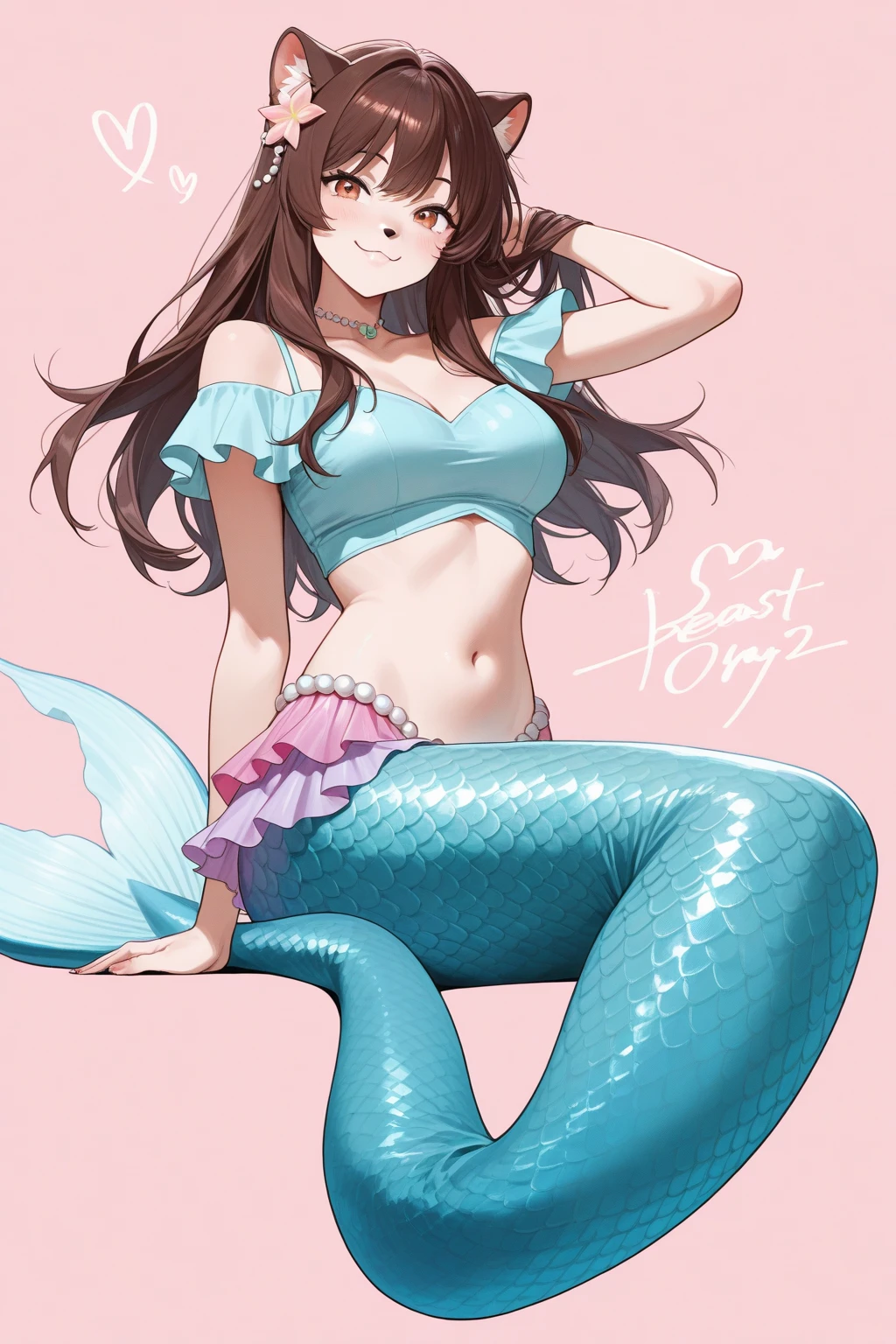1girl, brown hair, {mermaid transformation, sexy, cleavage}, fins,