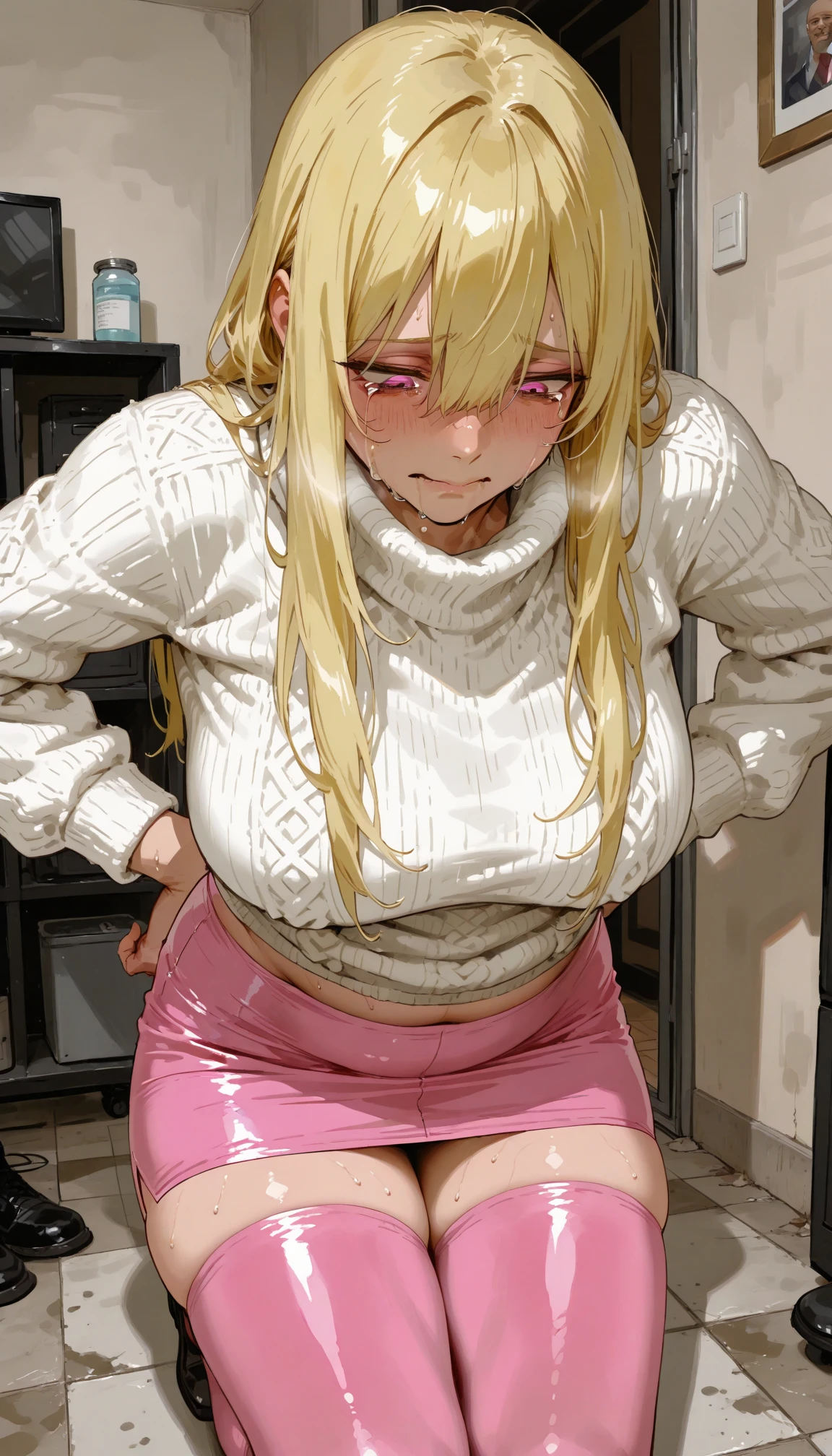 (masterpiece:1.4), (highest quality:1.3), (high resolution:1.2), Perfect Anatomy, Well-formed face,Accurate depiction,Precise depiction,Beautiful depiction,(Rui々Shishi Body:1.1), (Healthy Body:1.1),(Shiny Hair:1.2), Well-formed face, Glassesをかけた, Glasses, Face, Lewd smile, big breasts, Tight waist,Well-balanced body, supple legs, supple fingers, Glassesをかけた, Glasses, 14 years old, Blonde, Ponytail, headband, Student gym clothes, White gym clothes, Clothes stuck with sweat, Nipples through clothes, Navy blue bloomers, vaginal sex, girl trembling with sexual climax, Raped by a female teacher, Inn room,