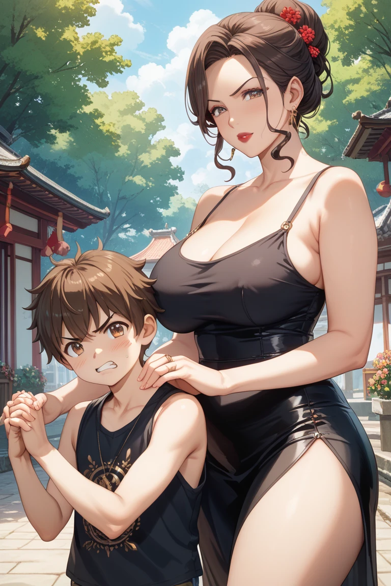 (Best Quality, 8k, 32k, Masterpiece, UHD:1.3), (Photo of Attractive Japanese Woman with small nine years old son ), 1 Girl with 1boy, (super huge Boobs squeezing small son :1.2), (short wavy hair), Abs, Perfect Body, Ultra Detailed Face, Detailed Lips, Fine Eyes, double eyelids, pajamas, on the bed, (seductive), ((aroused:1.5)), ((areolae slip)), mom seducing and touching young son