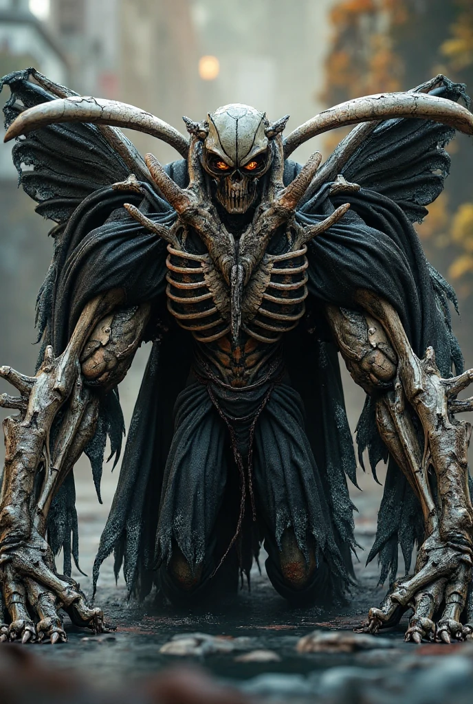 Create a fantastic gothic creature image with intricate biomechanical elements.. The main character is a humanoid, which is mostly white with lots of black and red mechanical details embedded into its skin.. His screaming face was painted white, with red lines around his mouth, which appears to be eating or vomiting smaller human figures. Many tube-like structures extend from its head., resembles the Medusa snake, connected to complex machinery. Dark, ornate wings spread out behind the figure., decorated with metal and mechanical parts, blending with the otherworldly and gothic-inspired backdrop. The background is a combination of black and white colors., chocolate, and dark and calm metallic, which creates a striking contrast with the main character.. The ground was covered in bright red liquid., pooled around the figure&#39;s feet, which enhances the gruesome aesthetic. The whole atmosphere is dark, haunting, and very detailed, combines horror with mechanical and surreal elements.