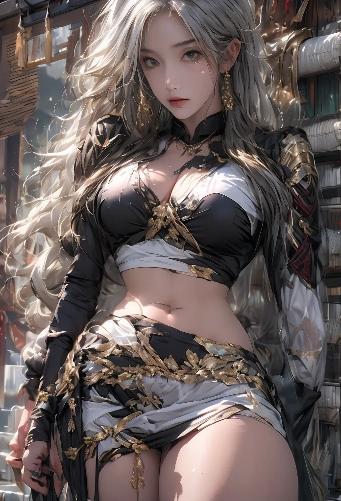 Photorealistic, High resolution, 1womanl, Solo, hips up high, look at viewr, (Detailed face), Long hair, Bunny suit, The tattoo, Jewelry