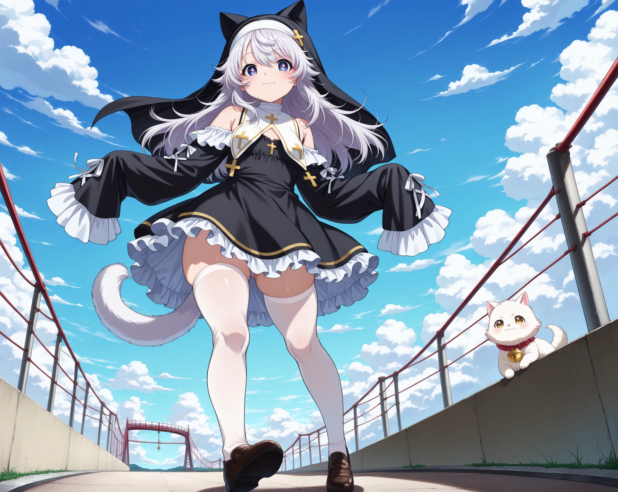 NSFW, Top-quality, Super high resolution, masterpiece, highres, 8k, UHD, detailed lighting, shaders, (Anime screencap, Anime coloring:1.1), ObserverDef, 1girl, solo, (Voluptuous, Plump, Chubby:1.2), Thick thighs, Big ass, Flat chest, long hair, white hair, yellow eyes, Eyes are glowing, Beautiful eyes, Smirk, bangs, very long hair, hairband, headgear, frilled choker, breasts out, nipples, underwear, panties, navel, bare shoulders, frills, choker, groin, black panties, bare arms, strapless, see-through, transparent clothing, sweets, sweatdrop, forest, sunlight, cloudy, standing, cowboy shot, head tilt, cameltoe, Fullbody, looking at viewer, From below, On the sea, Blue sky