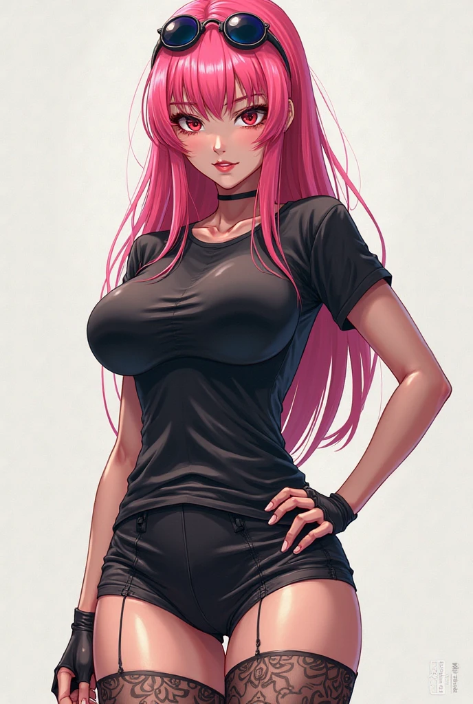 Elvira, Beautiful Gynoid,long pink hair,blue eyes,big bouncing breasts,[warning a Japanese jacket],[Japanese t-shirt],[Japanese pants],medium:illustrations,detailed face,ultra-detailed,bodydetails,[best quality:1.2],[highres,4k],vibrant colors,bokeh,soft lighting