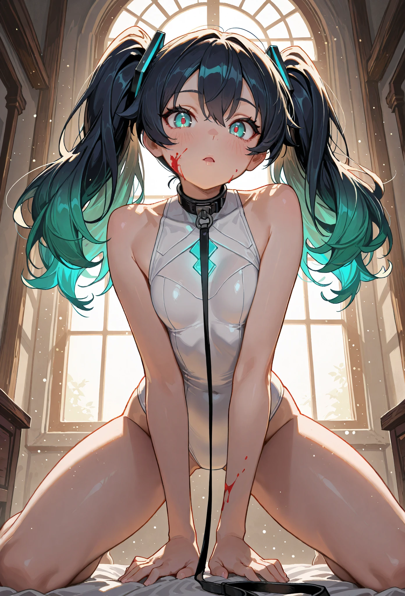 Beautiful illustration, Best Quality, (cute petit girl：1.3)、 (underground room), flat chest、Clean naked,,Beautiful blue eyes,naked and chained to a collar、Lori。girl hanging from the ceiling。Pink twin tails、Chained、is crying、Girl forced to insert vibrator、thigh vibrator switch、Girl tied up with hands up