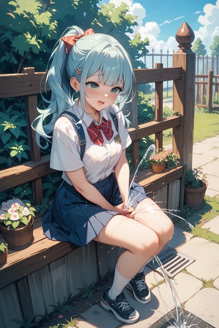 Cornflower art, dreamy, (masterpiece, top quality, perfect anatomy, beautiful face, realistic, super detailed, 1 girl, 18 ears senile, solo, depth of field, canon 24mm lens, f1.4, cute_girl, sailor_ collar, clear facial features, short sleeves, small breasts, slender height, height 170, barefoot, double ponytail, bangs, gravure pose, outdoor, jungle, Blurred background, (Uwabaki: 1.1576)) whole body, clear liquid dripping from the crotch, the front of the shirt is exposed, breasts are visible, transparent bra, light blue striped buns, erotic, , NRFW, painting from below, painting from below,