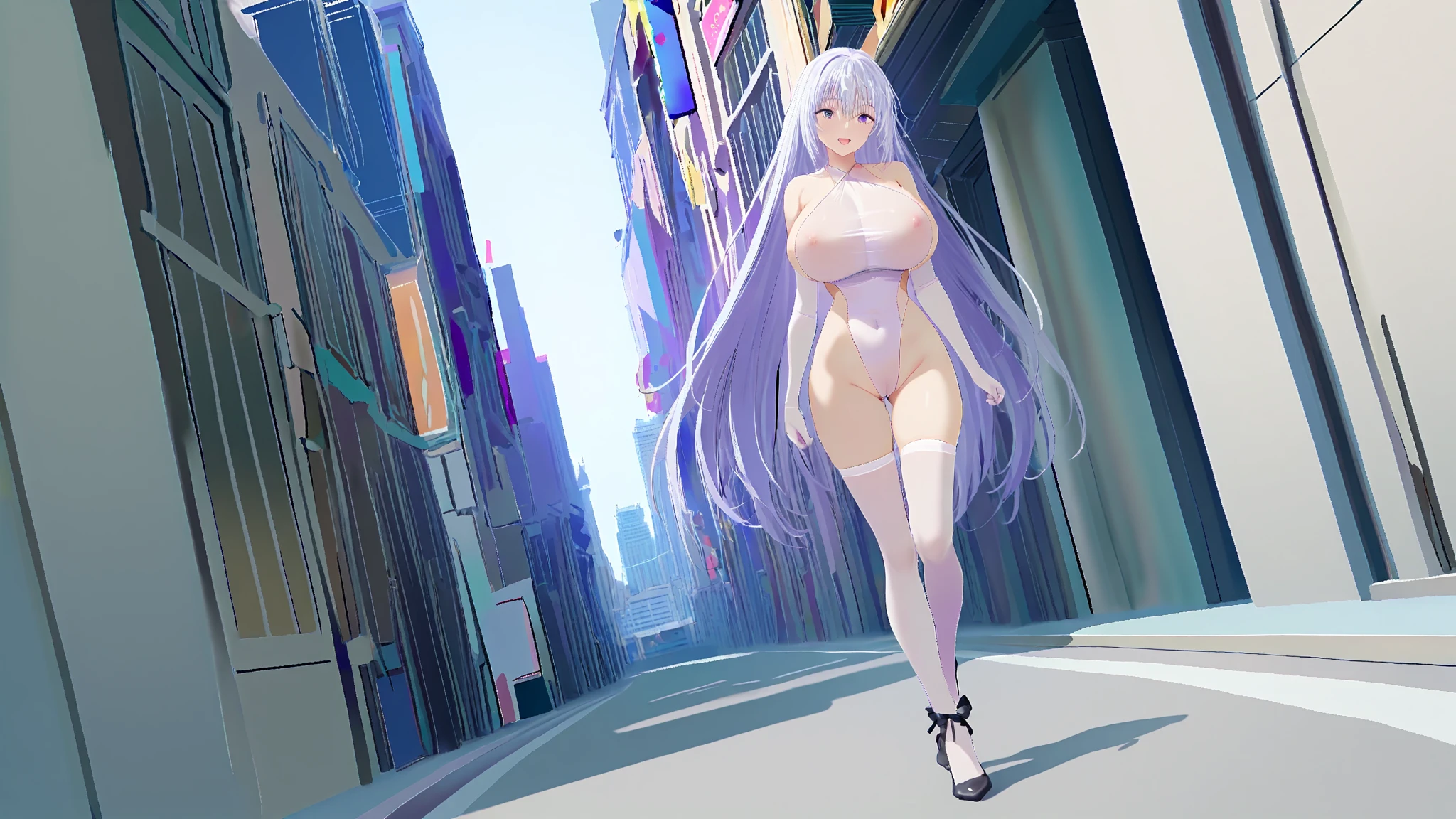 high quality,masterpiece。nsfw,falier,Nipples,1girl,naked,belly button,night,In town。shy, Embarrassing, Sweat, vapor,She stands upright with her face and body facing the viewer,True Identity。Her hands are empty,The hands are not posed。