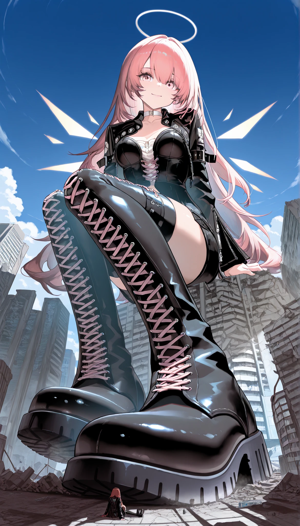 lemuen_\(arknights\), All buildings are the same size, Buildings of the same height, (giantess:1.4), (microcity:1.2), collapsed city, ruins, Collapsed Building, pink eyes, pink hair, straight_hair, white halo, energy wings, white choker, cropped jacket, cross-laced dress, bustier, belt buckle, arm belt, It shows the back of the shoe, zipper, zettai ryouiki, white_shirt, newest, absurdres, solo, 1girl, long hair, very aesthetic, newest, Smile, lace-up boots, Push the building down with your shoes, Destroying buildings with shoes, (sitting on the ground:1.4), legs extended, Press your foot against the screen, (Focus on the bottom of the shoe:1.2), foreshortening, panorama, pov, from below, masterpiece, best quality, highres