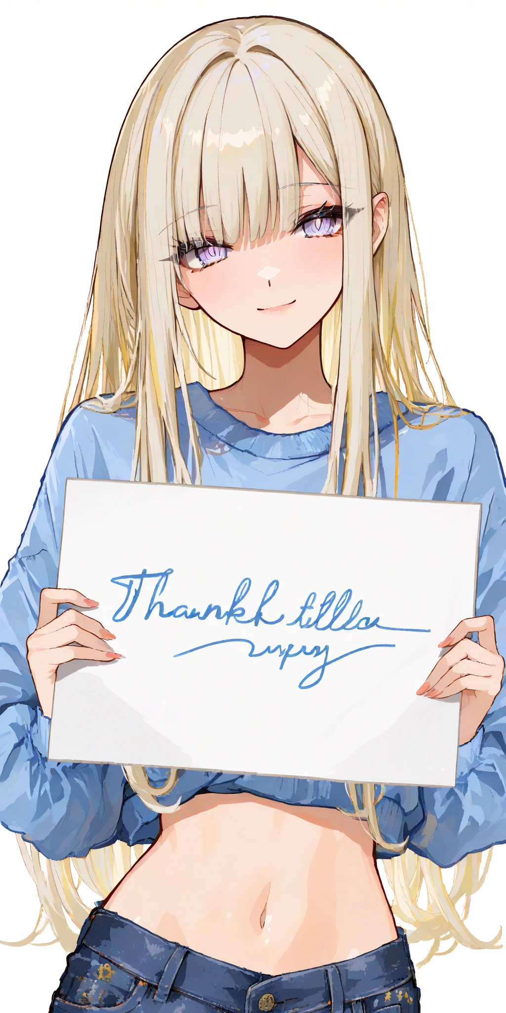 (best quality, ultra-detailed, photorealistic: 1.39), bright and vibrant colors, studio lighting, thank you card for 100 followers, hearts and kisses emoji, Yu-Gi-Oh style letter, purple details on the sides of the card, anime style, Anime, Cute girl with big round breasts, with sparkling blue eyes, she wears a black dress with snowflakes on the dress, her wavy blonde hair with beautiful bangs meets with the blowing wind, she holds a sign written a message of thanks