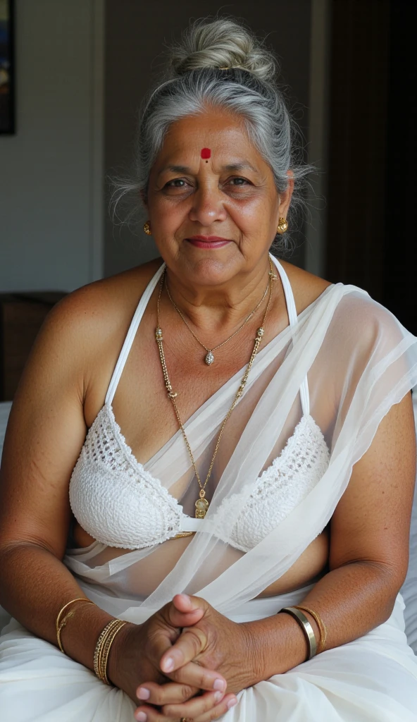 a 80-year-old grandmother in Tamil Nadu, nude, lying on the snow, showing her sexy old body structure, busty, hot, detailed realistic skin, delicate wrinkles, intricate details, beautiful snow forest background, dramatic lighting, cinematic composition, hyper-realistic, award-winning photography style, cinematic colors, chiaroscuro lighting