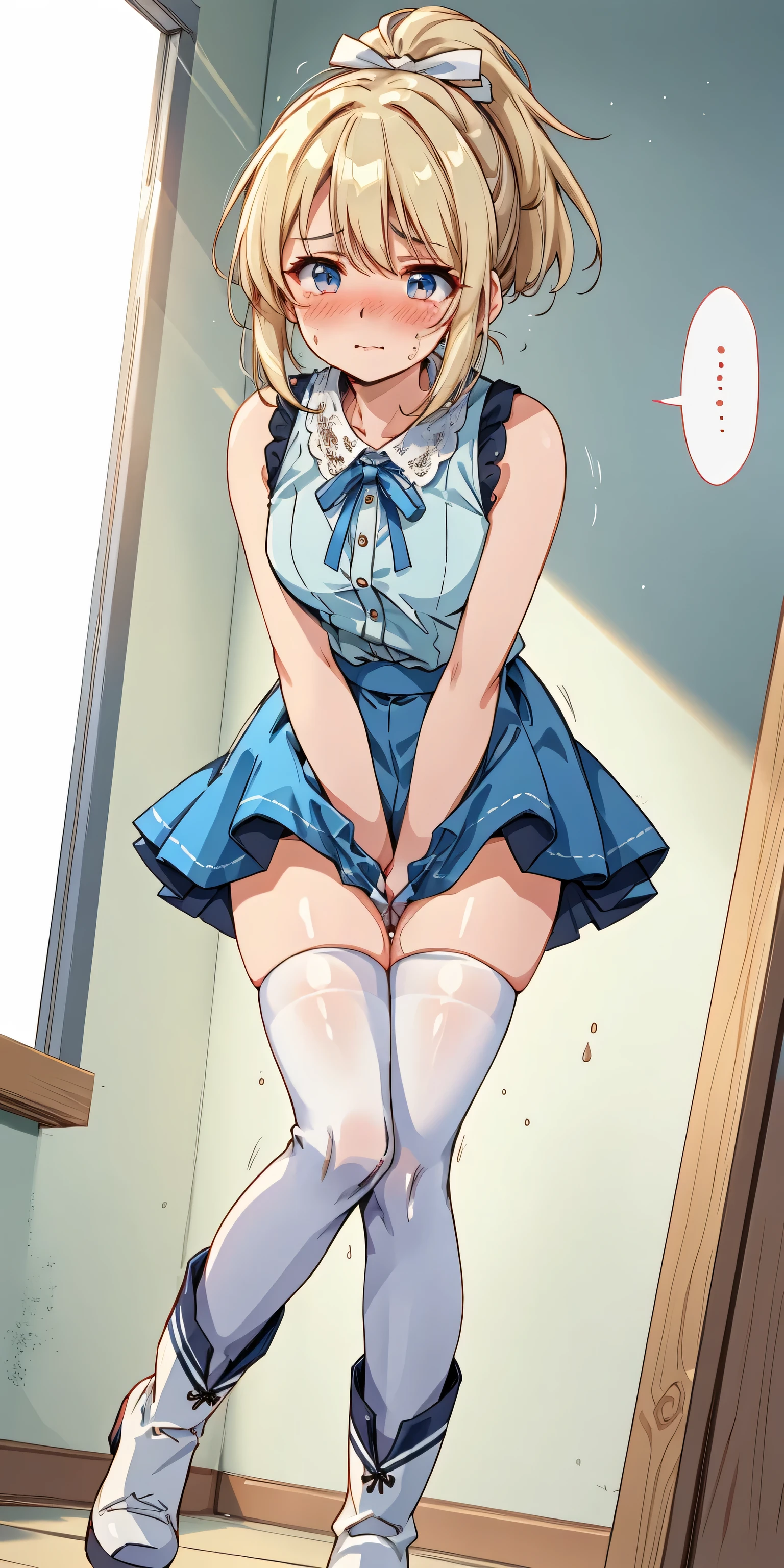 (8K, ultra-detailed, best quality, anatomically perfect body:1.5), (small breast:1.2), shiny skin, (1 girl), (have to pee:1.1), (urge to pee:1.2), (peeing self:0.8), (pp clothes:0.7), (very desperate to pee:1.3), (takes to front of the bathroom door), (waiting for bathroom with line), (squatting), (Each one has a different blouse), (Each one has a different maxi school dress:1.4), pantyhose, petticoat, (Each one has a different footwear:1.1), (Each one has a different hairstyle), (knees together and feet apart:1.4), (Rub each other's knees:1.2), (leaning forward:1.3), (hand between legs), (holding the crotch:1.5), (orgasm:1.5), (blush:1.5), (embarrassment:1.4), (impatience:1.3), (flustered:1.2), (fidgeting around:1.5), flowing sweat, (erotic waist twist:1.3), (panting), (breathless:1.4), Erotic feelings, (close eyes, closed mouth:0.8), (orgasm), looking away, low_angle_human, from side, (upskirt:1.5), nsfw, 