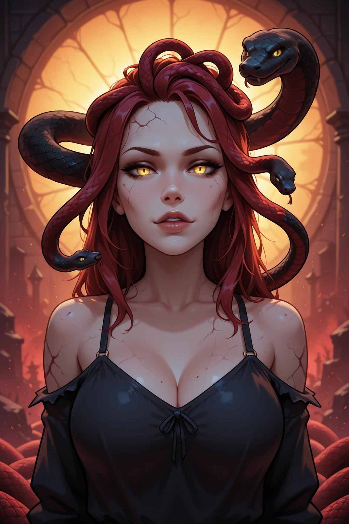 1girl, snake girl, monstergirl, snake tail, bound torso, long hair, red hair, beautiful detailed eyes, beautiful detailed lips, extremely detailed eyes and face, long eyelashes, two eyes, red eyes, forked tongue, human torso, small fangs, digital art, (best quality,4k,8k,highres,masterpiece:1.2),ultra-detailed,(realistic,photorealistic,photo-realistic:1.37),hyperrealistic, intricate details, cinematic lighting, dramatic lighting, fantasy, anime style, vibrant colors, red and black color scheme