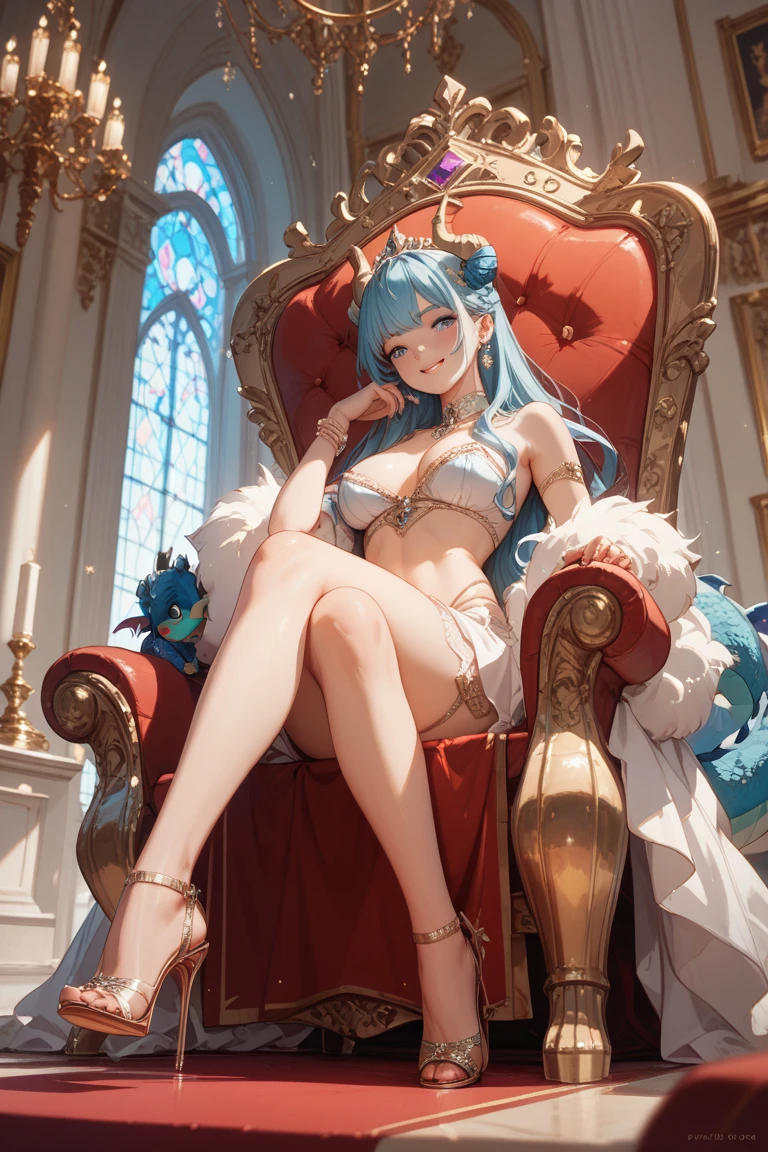 woman with blue hair, ((elf ears)), slight smile, slight blush, long hair, (extremely detailed face and clothing), full body, (looking into camera), (realistic camera angle), fantasy, in fancy castle, (sitting on throne), blue and white dress, (((masterpiece))), (((ultra high quality, 8k)))