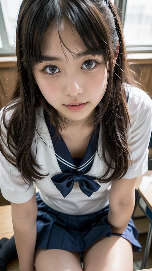(best quality, masterpiece:1.2), ultra detailed, (photo realistic:1.4), High resolution 16k,Use natural light and color,solo, 1girl, (12-year-old),cute girl, shiny skin,sexy,(see-through),sailor uniform,very short pleated miniskirt,vulgarity, sexual ecstasy, orgasm face,open mouth, (saliva trail), (blush), ((Sweat)),