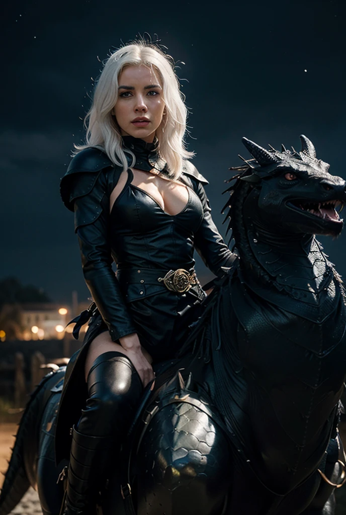 a 19 year old Evil (Dark Elf:1.4), [dark gray skin:1.1], light gray hair, (short pointed ears:1.1), wearing (heavy black robes:1.4) (black leggings:1.4) (black knee high lace up boots), standing next to a (large black panther:1.1), action shot, stone fortress background, lightning storm in the sky, dark night, full crescent moon, dramatic dark style, detailed face, petite, natural large breasts, [cleavage], real skin, textured skin, intricately detailed eyes, perfect lips, cinematic lighting, (subsurface scattering:0.9)