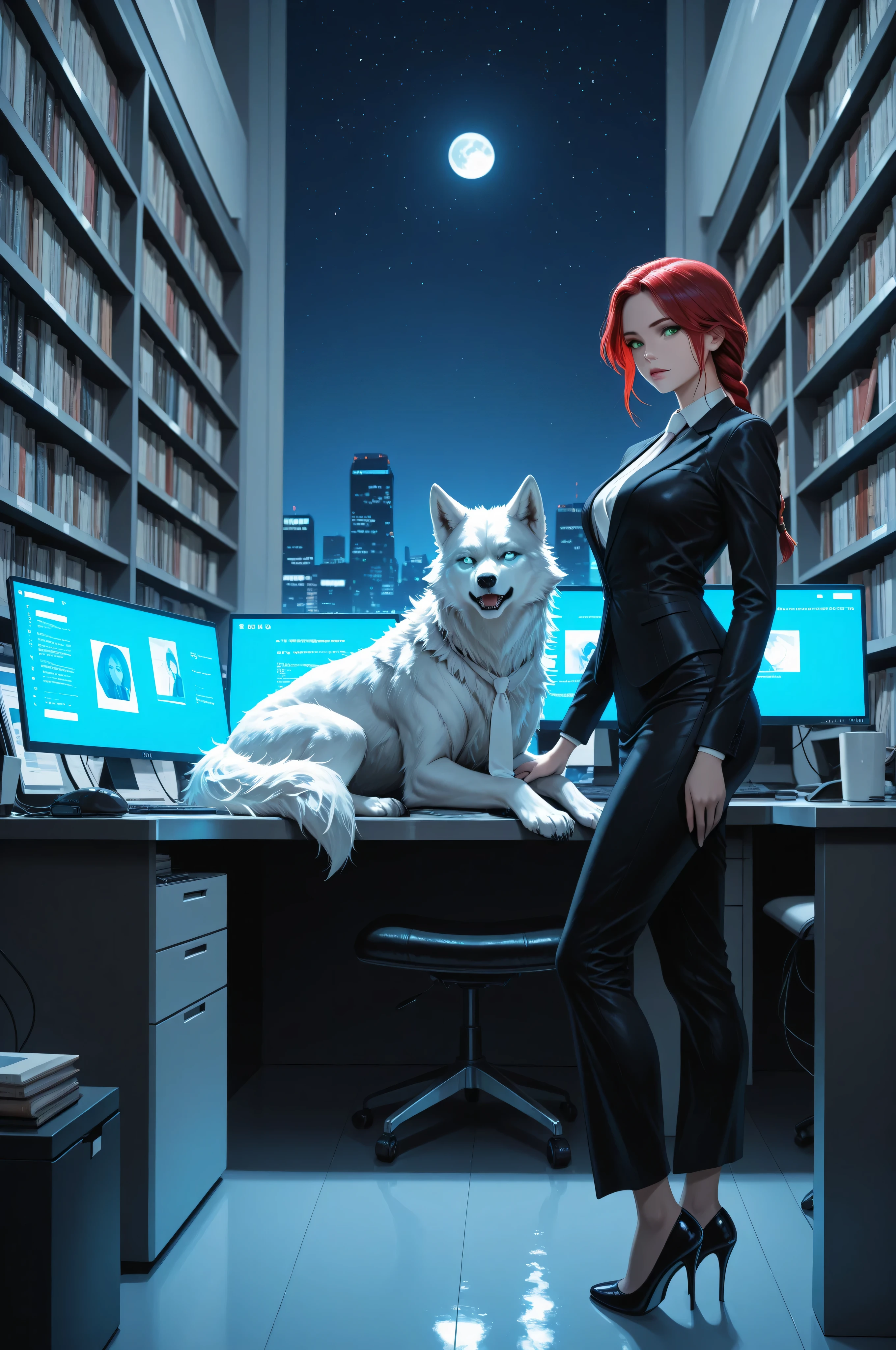  a picture of woman in her high tech office and her white wolf pet, the woman,  an exquisite beautiful human woman, long red hair, braided hair, green eyes, wearing elegant silk suit, intricate suit  wearing white tie, wearing high heels, standing in a high tech office, lush office, a view of large metropolis at night, the moon in the sky,  epic whitewolf stands near her, glowing blue eyes, protecting her, high tech office, high management office, library. computer screens, best quality, 16k, [ultra detailed], masterpiece, best quality, (ultra detailed), full body, ultra wide shot, photorealism

INFO
