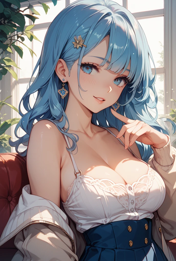 ((​masterpiece,hight resolution,8K picture quality,top-quality)),1girl in,((extra detailed face)),femele,Delicate eyes,((Green eyes),((hairstyle on:Long Wave,strong wavy hair,hard wavy hair,blue hairs)),Dramatic makeup,Close your eyes,Red cheeks,sauna,Lūlü,Wrap a towel around your body,barechested,Natural complexion,large full breasts,sit down and look up,Lazy look,