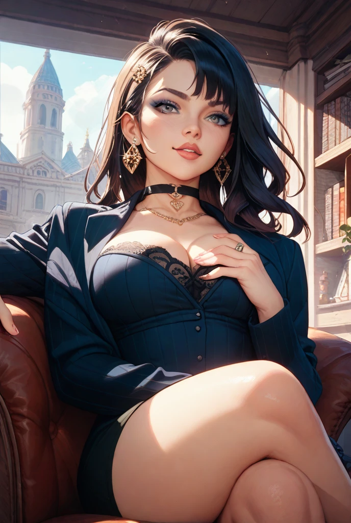 Amazing portrait of a sexy woman with a feral look in her eyes as she's sitting back in her chair with one leg crossed over the other wearing an oversized sweater that is showcasing her bare shoulders and her cleavage her brown hair is curly and messy and her makeup is elegant and sexy wearing elegant earrings and the overall atmosphere is intimate