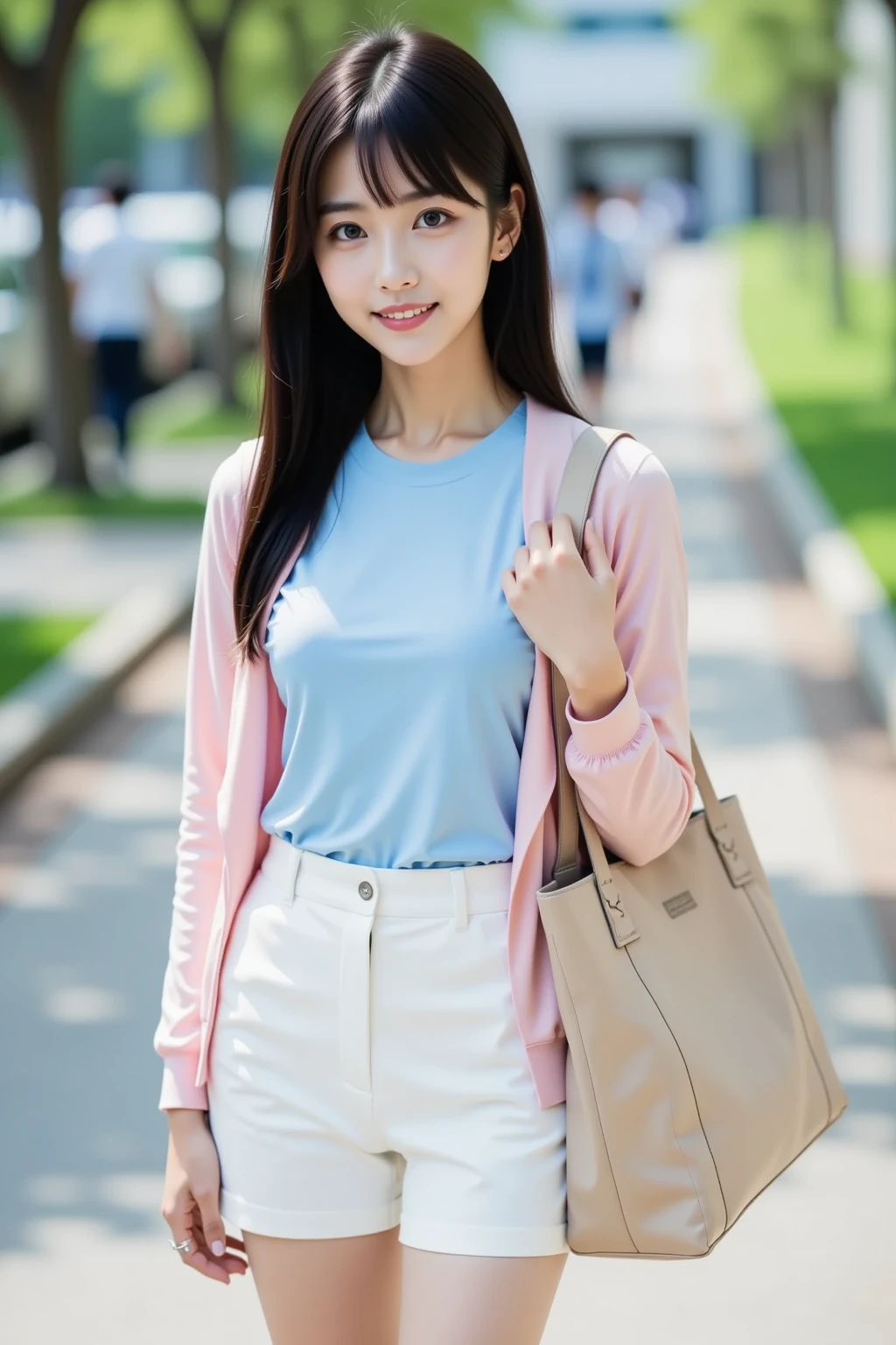 Best Quality, Masterpiece, Beautiful and Aesthetic, 16K, (HDR: 1.4), High Contrast, Bokeh: 1.2, Lens Flare, (Vivid Colors: 1.4),cinematic lighting,depth of field, film lighting, ambient light, side light, exquisite details and textures, cinematic lens, warm tones, (bright and intense: 1.2), wide-angle lens, hyper-realistic, (mideum shot), BREAK 1 girl,Japanese,22 yo,beautifull detailed face,A smile with a little visible teeth,(Slender body:1.5),((Wearing a hoodie)), BREAK pastel camisole,cargo shorts, ((Have a small handbag)), Beautiful detailed skin,Skin Texture,Floating hair,((fluffy hairstyle)),Black semi-long wavy hair,(cleavage),cheerful pose,day,daylight,outdoor,braless,