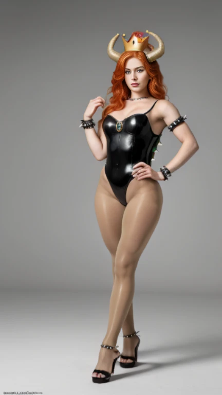 Beautiful woman, red hair, 25 years old, wet skin, wearing black latex sleeveless leotards, black boots, gold belt, gold headband, bracelets, masterpiece, realistic, standing 