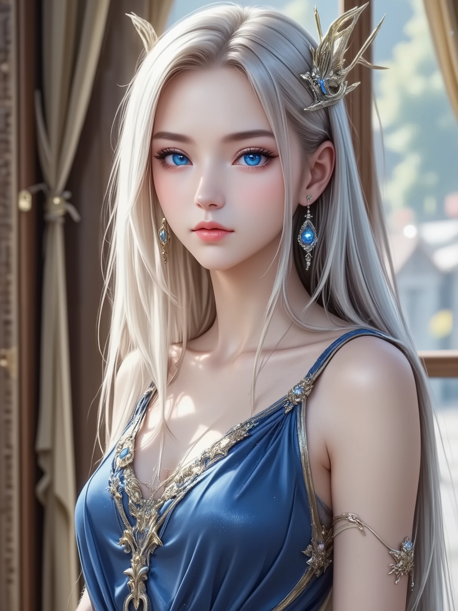 masterpiece,Highest quality,Very detailed,beautiful girl,Beautiful long dress in silver metallic,Blonde,A lot of gems, teenager,Perfect Face,Beautiful and detailed eyes,Green Eyes,Beautiful Skin,skinny,Small breasts,Dynamic,Stone castle