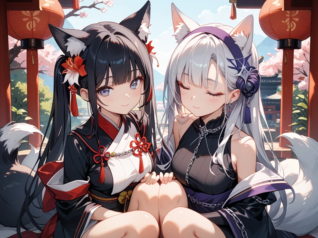 Best Quality、masutepiece、(shrine maiden、japanes、Beautuful Women、25-years old、Beautuful Women:1.5、cute mature :2、spotless、D-cups)、hydrangea、(ssmile、slightly red cheeks)
(1st woman has blue eyes) (2nd woman has red eyes)
(woman 1 has long white hair)
(woman 2 has long black hair)